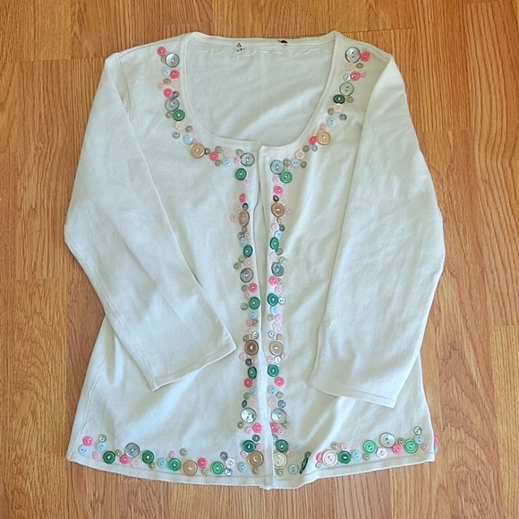 Rare Women's White Cardigan Size M Multicolored Buttons - Picture 1 of 7
